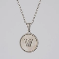 Silver stainless steel necklace featuring a round white shell pendant with letter W - Silver White Shell Letter W
