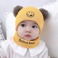 Yellow baby winter knit hat and scarf set with brown pompoms and cute smiley embroidery - One Size / Smiley Style / Yellow
