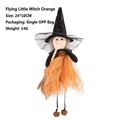 Flying little witch decoration in orange mesh with wood broom and silver bell, 24x10cm - Flying Little Witch (Orange)