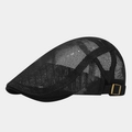 Detail of black mesh beret showing breathable polyester fabric and gold adjustable buckle - Adjustable / Black