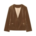 Traje de mujer en terciopelo con blazer escote en V y pantalón campana en marrón oscuro - XS / Parte Superior-Marrón