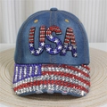 Detail of denim baseball cap featuring American flag rhinestone USA embellishment - No.23/Light Blue Denim/USA Rhinestone