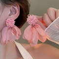 Close-up of pink oversized mesh petal earrings with woven beads for resort wear - Pink Fluffy Flower (3#)