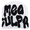 Close-up of white knitted beanie featuring black Mea Culpa jacquard letter patterns - Black and White
