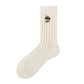 Women's cream white ribbed mid-calf sock featuring a cute cartoon bear embroidery - One Size / White (Glasses Bear)