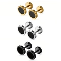 Three pairs of round stainless steel stud earrings in gold, silver and black finishes - Three Color Set