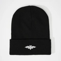 Black knit beanie with embroidered silver glitter bat pattern and folded cuff design - Black