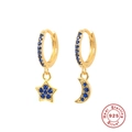 Asymmetric S925 sterling silver hoop earrings with gold stars and blue zircon moons - Gold-Blue Zirconia