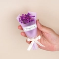 Close-up of mini purple dried gypsophila bouquet with beige ribbon and Eternal love tag - Style 18 Purple Gypsophila Bouquet