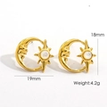 French vintage titanium steel 14K gold earrings with crescent moon and star elements - Shell Pearl