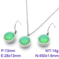 Silbernes Edelstahl-Schmuckset mit runden grünen Zirkonia-Anhänger und passenden Ohrringen - 2-teiliges Set (Halskette+Ohrringe) / Stahlgrün