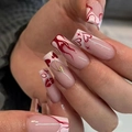 Long square red and white press-on nails with heart, flame, and XO artistic designs - No Accessories Style / X-0465 Flame Lip XO