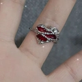 Gothic silver vine ring with deep red gemstone in a vintage 8-piece set style - Red Oil Drip Heart (J476)