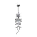 Detailed view of silver belly ring featuring sparkling clear crystals and a wavy pendant - Vertical Wave Multi-drill Style (BR3122316)