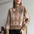 Klassischer Strickpullover mit Rundhalsausschnitt und Argyle-Muster in Rosa und Braun - S / Braun