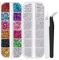 Acrylic rhinestones set for nail art with picker pen and curved tweezers in storage boxes - 1 Box 12-Color Rhinestones + 1 Box Silver Rhinestones + 1 White Wax Pen + 1 Tweezers
