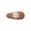 Brown fabric teardrop hair clip for kids featuring white floral embroidery and wavy edges - Brown Embroidered Flower (32)