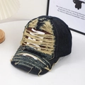 Distressed dark blue denim baseball cap with frayed edges and bold white letters - L (58-60cm) / Navy Blue