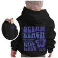 Kids black hoodie featuring purple vintage wild wave 1971 beach print on the back - 100cm / Black (Purple Print)