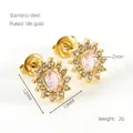 Macro shot of sunflower stud earring featuring pink oval zircon and 18K gold plated steel - Gold Base Pink Zircon / Pink