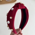 Burgundy fabric headband decorated with white pearls and sparkling clear rhinestones - Burgundy