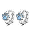Silver bear paw earrings with blue heart cubic zirconia, cute animal footprint jewelry - Blue Zirconia