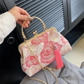 Pink floral embroidery shell bag with gold ring handle and tassel charm variant - Red