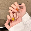 Handmade amber press-on nails with autumn caramel tones and gold leaf accents - XS / Caramel Amber - Super Short Trapezoid (XS)