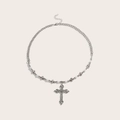 Vintage silver beaded cross necklace with pearls and metallic chain for women - Silver Cross Necklace
