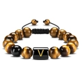 Tiger eye stone bead bracelet for men with woven cord and golden letter V charm - Letter V