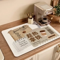 Absorbent coffee machine mat with vintage latte design on a wooden kitchen countertop - Enjoy Latte