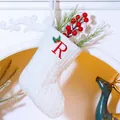 White cable knit Christmas stocking with red embroidered letter R and holly decor - Letter R / White