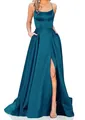 Elegant emerald blue satin evening gown with spaghetti straps and high side slit - US size 12 (L) / Top And Bottom / Teal