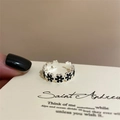 Adjustable S925 sterling silver ring with black enamel flower design and vintage finish - JZ1139-Black Garland