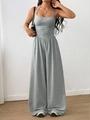 Detail of grey knitted wide-leg jumpsuit with high-waist design and soft fabric texture - S / Light Gray