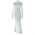 Detail view of white sleeveless maxi dress featuring waist cut-out and sheer mesh panels - S / White