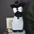 Detail of white pleated texture two-piece set featuring a central circular metal ring buckle - S / Off-white