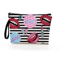 Striped cosmetic bag with pop art lip and eye prints featuring a black wristlet strap - 17*25cm (Linen) with Strap / Pop Art Stripe Lips Style (Style 1)