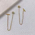 Minimalist gold T-bar box chain tassel earrings in polished vacuum-plated stainless steel - Gold T-Bar Ear Line