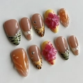 Handgemaakte Almond kunstnagels met tijgerprint, 3D bloemen en parelmoer French tips - 3D Bloem Tijgerstrepen Stijl (JP4047)