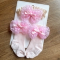 Infant set featuring pink lace bow headband and matching anti-slip ribbed socks - (Pink) Embroidered Bubble Bow Set