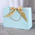 Elegant light blue jewelry gift bag with golden satin bow and twisted rope handles - Sky Blue; Horizontal Extra Small Size 19*15*7 Ribbon Style