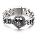 Gothic wolf head skull bracelet in vintage silver stainless steel with cuban chain links - Skull Head Style (KB139277-KJX) / Antique Silver