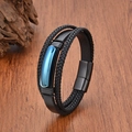 Detail of multi-layer black braided leather bracelet with blue metal plate and magnetic clasp - Blue Curved Metal Plate
