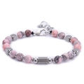 Detail of adjustable stainless steel bracelet with square beads and marble pattern stones - Pink Zebra Stone Bracelet