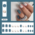 Detailed macro view of 24pc blue and white gold foil press-on nails set with SKU W330 - Sea Salt Gem (W330)