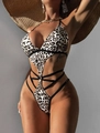 Costume intero sexy leopardato con profondo scollo a V e dettagli stringati cut-out - L / Stampa leopardata