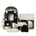 5-piece black and white nylon school backpack set with tote bag and plush bear charms - Without Bear Pendant / 2029 Black