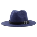 Dark blue straw panama hat with black leather buckle strap for summer beach sun protection - Navy Blue