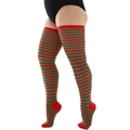 Plus size over-knee socks with festive red and green horizontal stripes in high stretch cotton - Plus Size / Red and Green Thin Striped